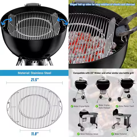 Double-Sided Hinged Stainless Steel Grill Grid with Handle, Replacement Round Cooking Grate for 22 Kettle Grills