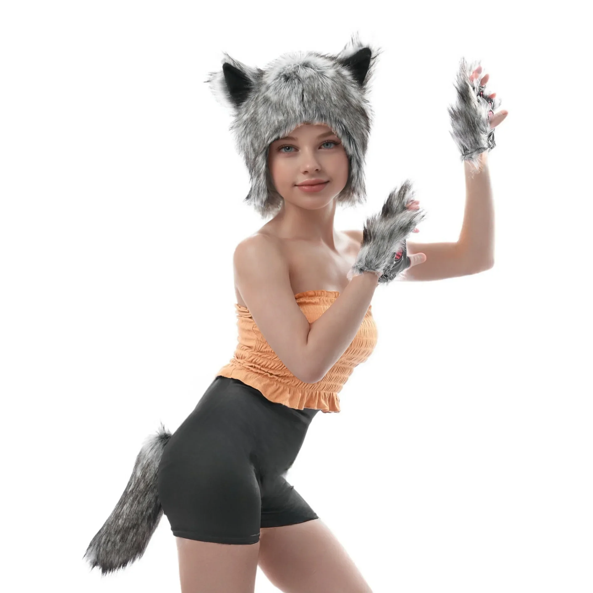 Wolf Faux Fur Hat Gloves Tail Set for Adult Men Women Party Costume Accessory Accessory Product