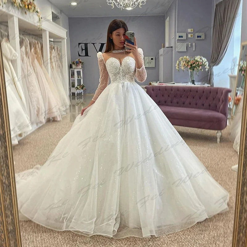 Luxurious Beautiful New Wedding Dresses For Women Off Shoulder Long Sleeves Simple Fluffy Princess Style Mopping Bridal Gowns