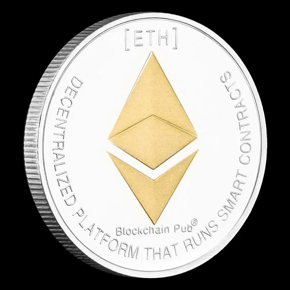 Ethereum Commemorative Bagde Silvery Plated Challenge Coin ETH Physical Cryptocurrency Crypto Souvenir Coins