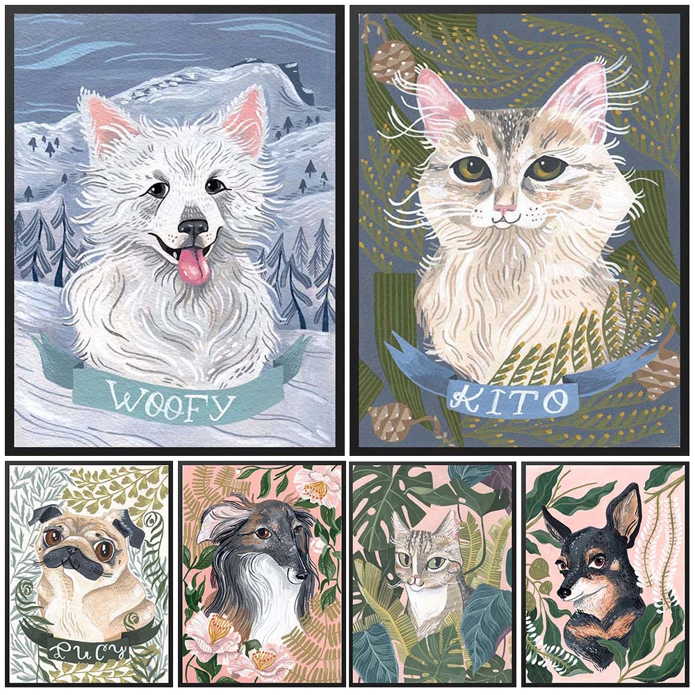 

Cartoon Animal Dog Cat Pet Posters Nursery Wall Pictures For Living Room Home Nordic Poster Wall Art Canvas Painting Unframed