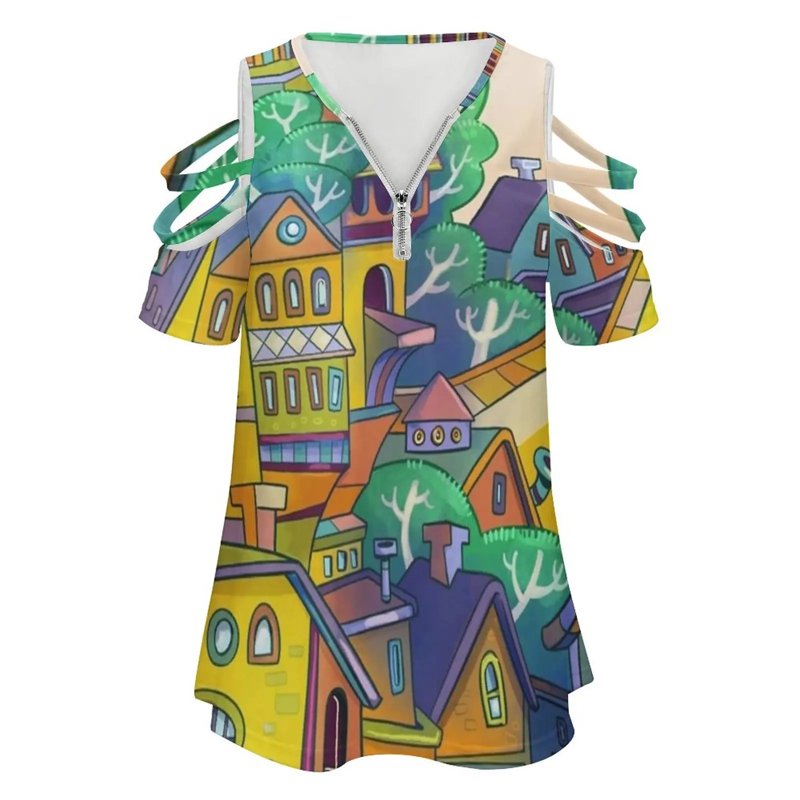 Tree Top Town New Fashion Zip Off Shoulder Top Short-Sleeve Women Shirt Town City Urban Fantasy Whimsical Buildings Trees