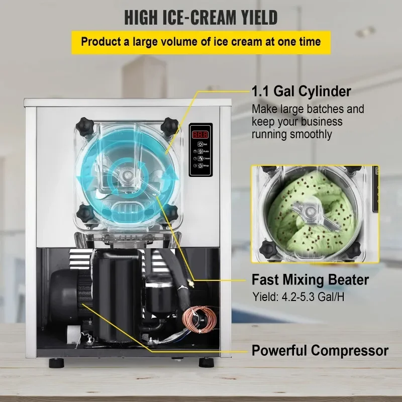 【Premium】  Commercial Hard Serve Ice Cream Maker - 1400W,LED Display, Auto Shut-Off Timer, Single Flavor,Perfect for Restaurants