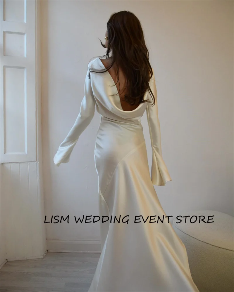 LISM Simple White Silk Satin abiti da sposa maniche lunghe Bateau Neck abiti da sposa alla caviglia abito da festa formale bianco arabo