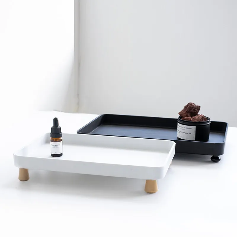 Rectangular Matte Storage Tray with Wood Legs, Household Tea Tray for Water Cups Perfume Desktop Organizer