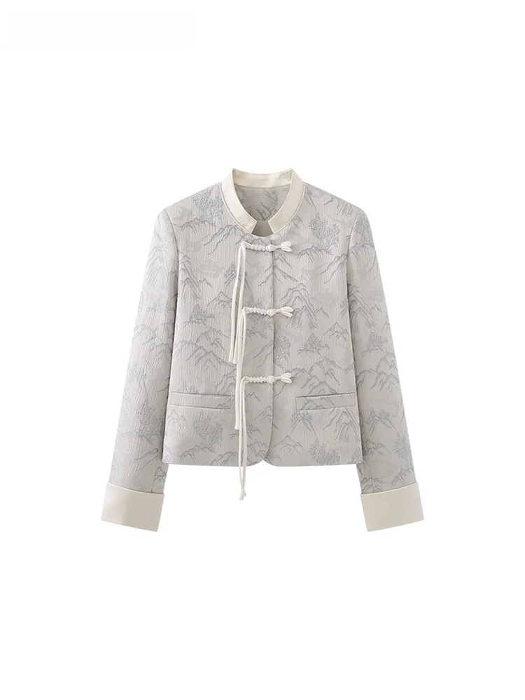 la-chapelle-women's-stand-collar-jaet-with-fake-kets-embroidered-button-design-spring-new-arrival-straight-tube-pe