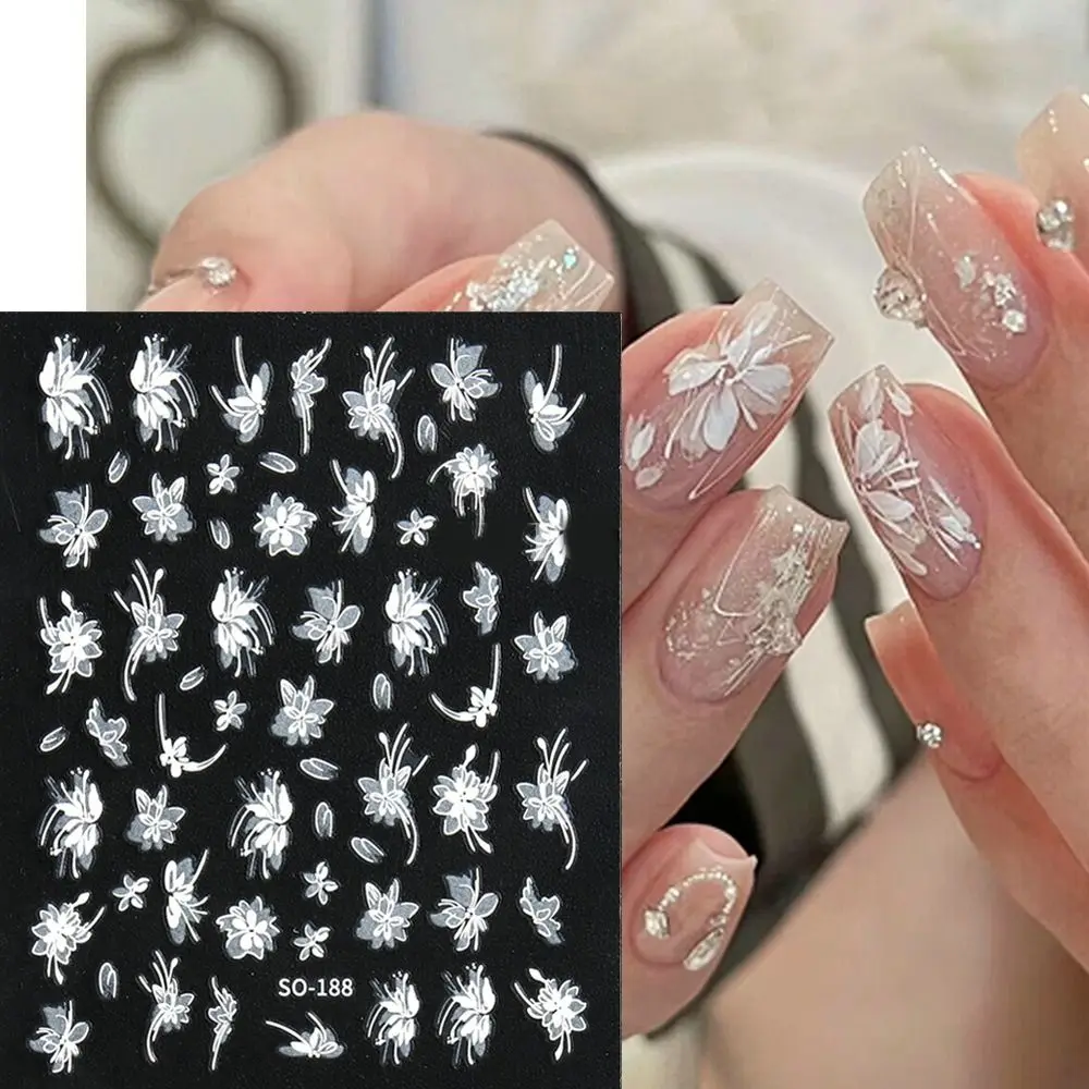 3D Charm Nail Art Stickers Floral Petal Adhesive Slider Decals Black White Flower Wedding Design Simple Nail Decoration