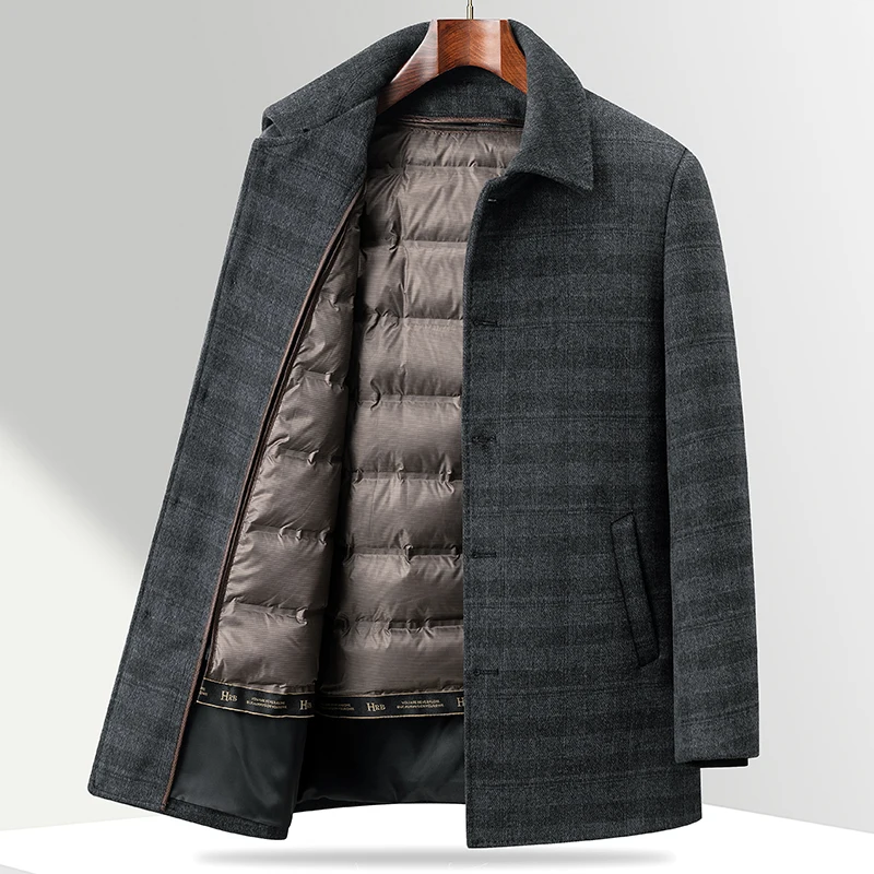 Business Casual Men's Grey Plaid Duck Down Liner Woolen Coats 2024 Winter Thicken Warm Puffer Overcoat Wool Windbreaker Jackets