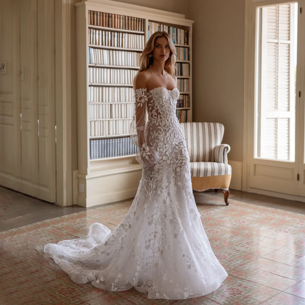 

Lace Bride Gown Puff Sleeves Applique Strapless Illusion Back Mermaid Luxury 2025 Bride Gowns Vestidos De Noche Customized