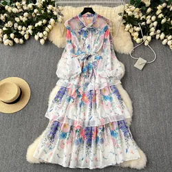 Holiday Multi Layered Pleated Flare Sleeve Ruffles Dress Women's Bow Neck Flower Print Belt Lace Up Boho Chiffon Vestidos 2511