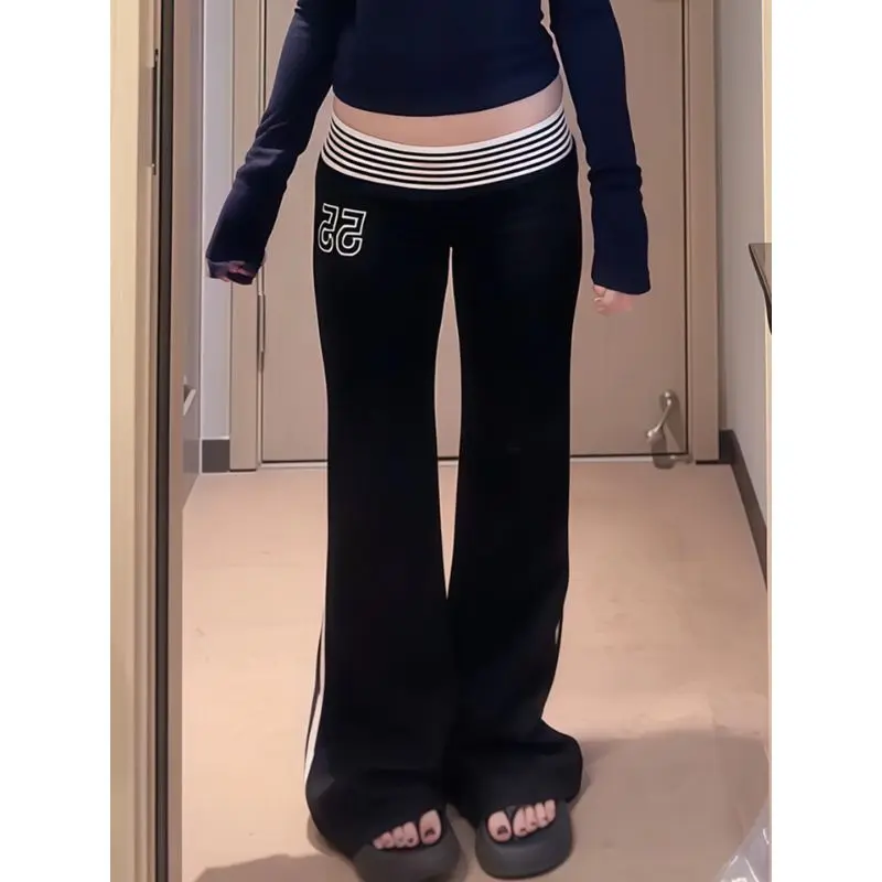 Low Waist American Retro Letter Print Striped Color Block Casual Pants Women Sexy Sporty Versatile Slimming Bell Bottoms