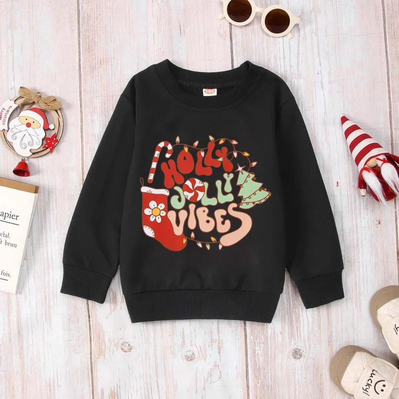 Ritatte Girl Christmas Sweatshirt Holly Xmas Jolly Vibes Graphic Crewneck Pullover Girls Cute Xmas Holiday Tops