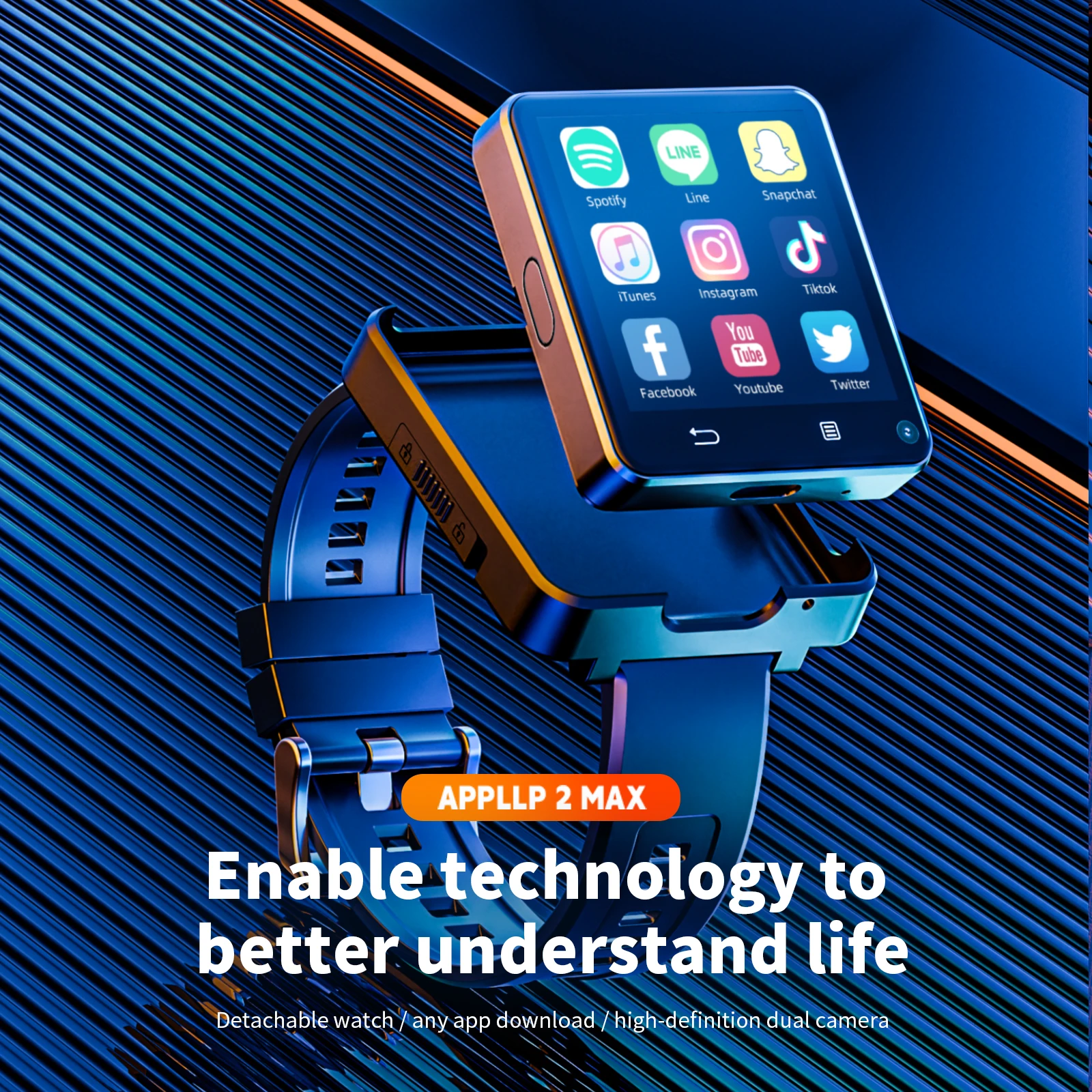 LOKMAT APPLLP 2 MAX Dual Camera Android 11 Watch Phone Wifi Videos Calls Smart Watch 4G Network Detachable Strap Mini Phone with Type-C Charging Port