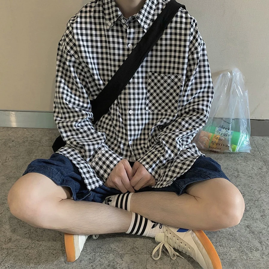 

Loose Long Sve Men's irt Retro Hong Kong Sle y Plaid Pattern Japanese Sle Chic Coat Youthful Trend All Seasons