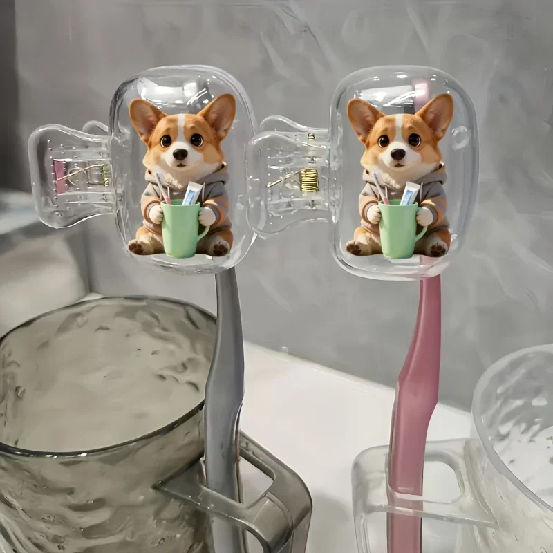 2pcs Corgi Holding Toothbrush Set Odorless Toothbrush Head Cover Ventilated Design for Clean and Dry Brush Heads Ideal for Home