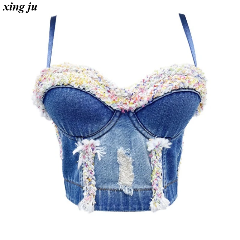 

Xing Ju Women Jazz Dance Sexy Lace Ripped Denim Crop Tops Summer Fashion Corset Party Hip Hop Sling Vest Nightclub DJ Stage Wear
