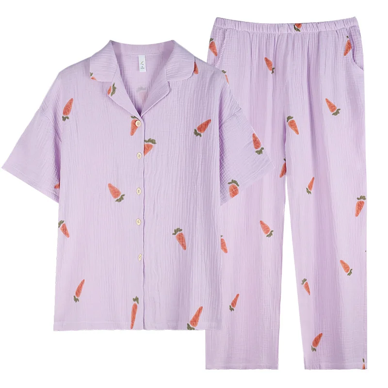 

Women full pure cotton pajamas summer short sleeve 2 pieces set cute print sleeping home clothes turn down collar pijamas mujer