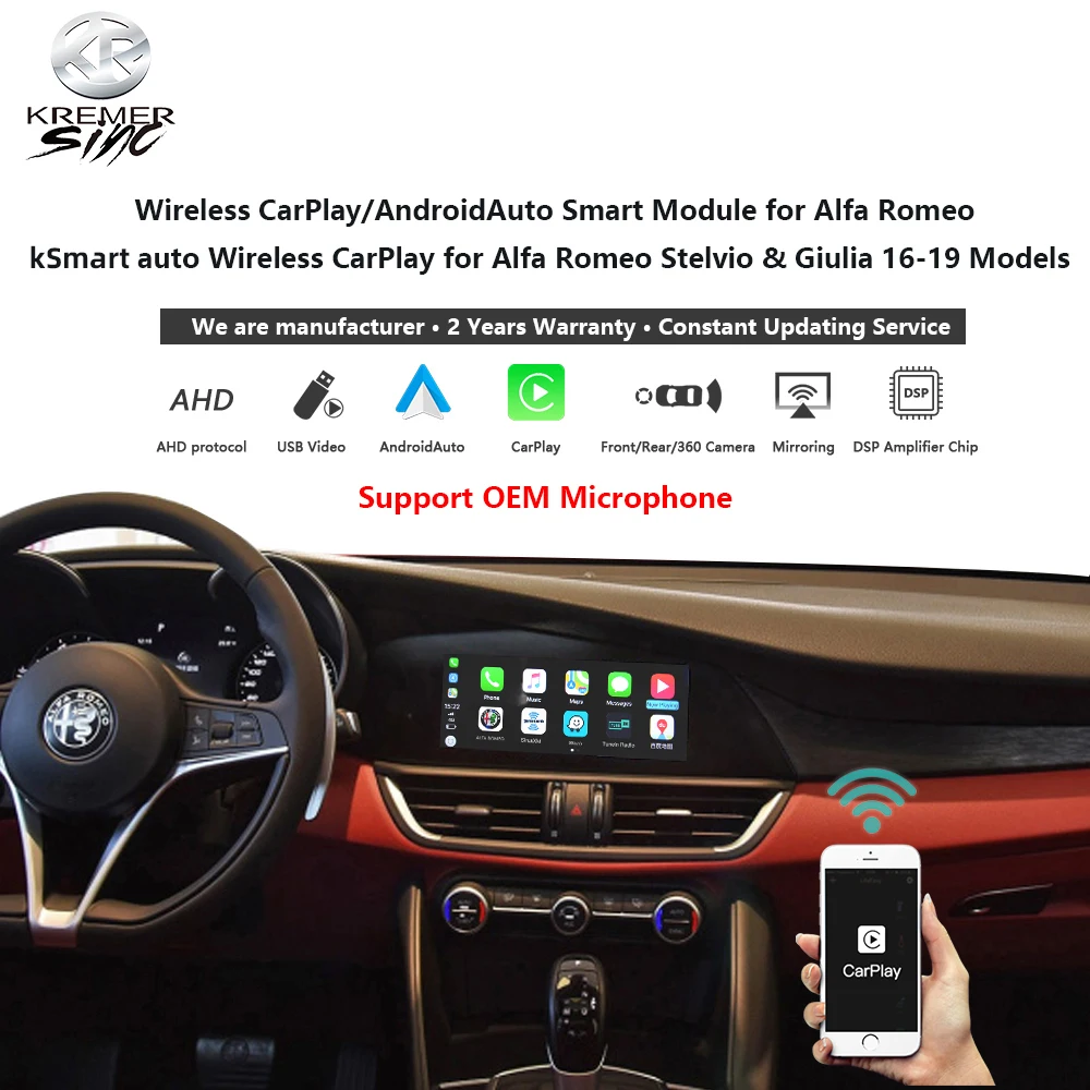 kSmart Auto Wireless CarPlay Android Auto for Alfa Romeo Stelvio & Giulia 16-19 Models Support OEM Microphone