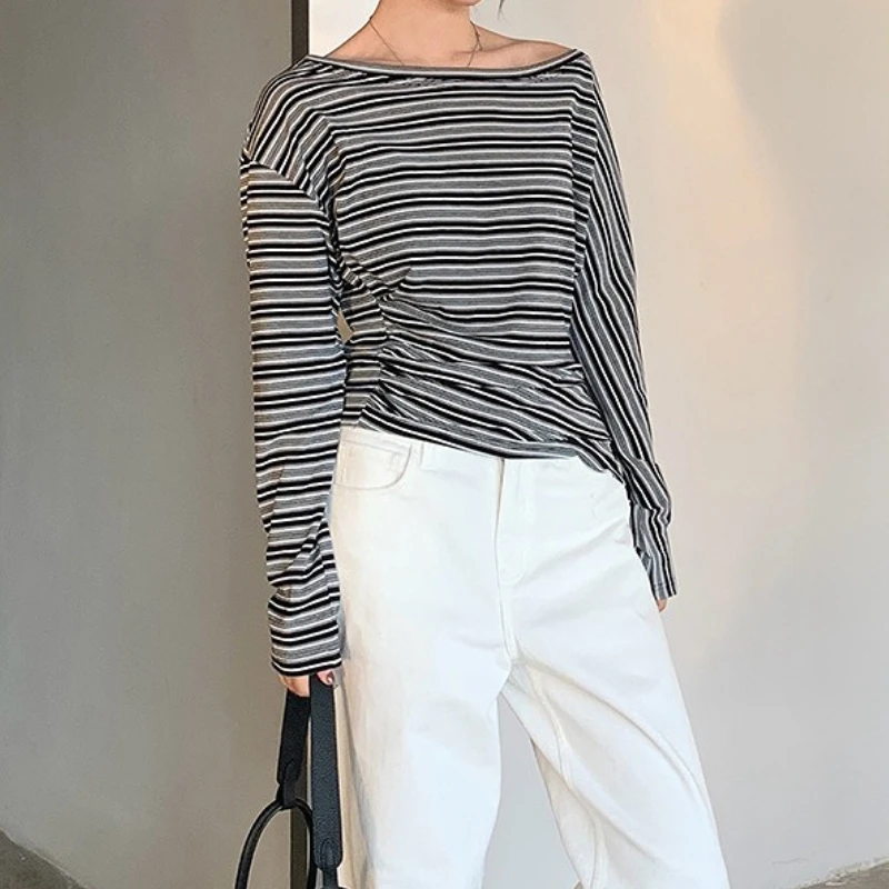 

Tops Striped Women Full Sleeve Top Oblique Shoulder Casual T-Shirts Tees Y2k Streetwear Elegant Splice Work Elegant 2025 Tees