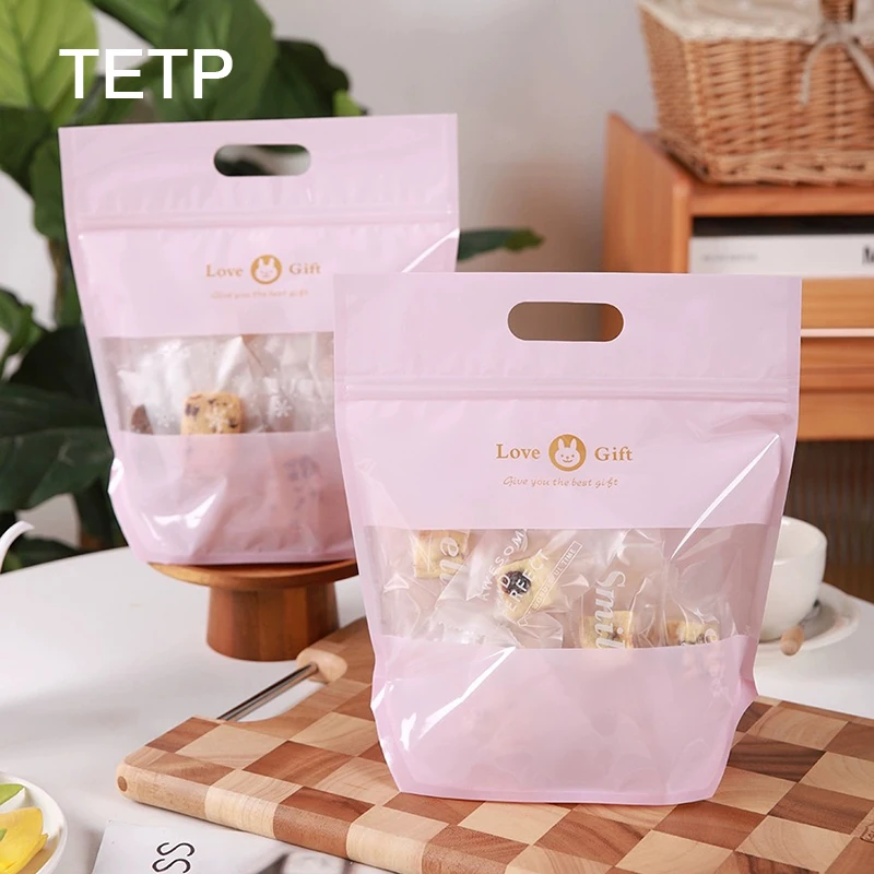 TETP 50Pcs Pink Cookies Packaging Bags With Clear Window Home Birthday Party Handmade Candy Nougat Bread Gift Decoration Favors