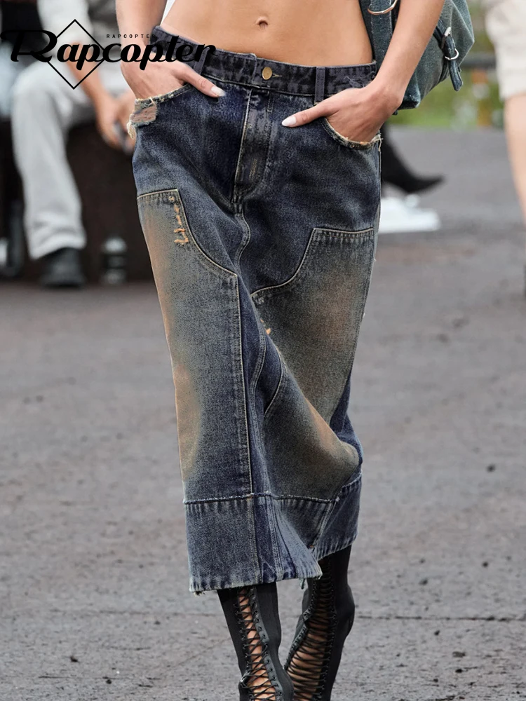 

Rapcopter Tie Dye Patchwork Midi Skirts y2k Vintage Low Wasietd Straight Cargo Skirts Korean Aesthetic Streetwear Outfits Chic