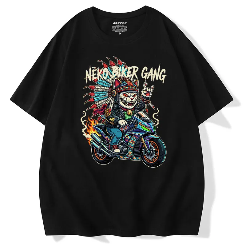 Rocking Motorcycle Lucky Cat Retro Trend Brand Children's and Adults' Short-sleeved Street Style Luxurious Pure Cotton T-shirt