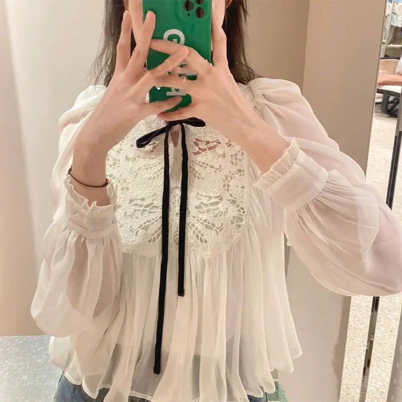 Kuzuwata Japanese Embroidery Lace Women Tops Lantern Sleeve Sweet Lace Up Blusas Mujer 2024 Spring New White Fresh Soft Camisas