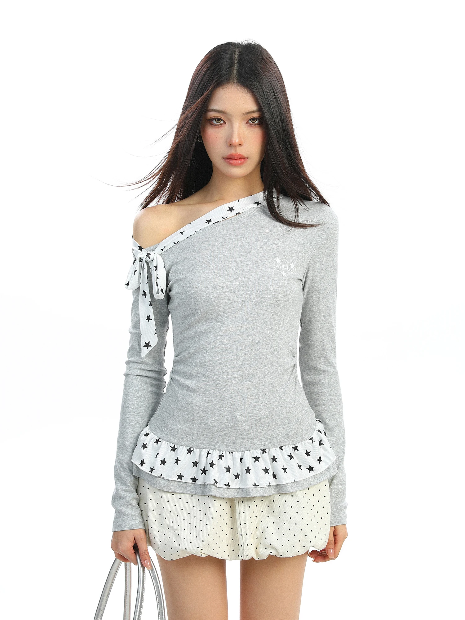 

Spring Women's Long Sleeve T-Shirt Korean Style Star Splice Slim Fit Base Shirt Outerwear Biggold American Style Creative Pat...