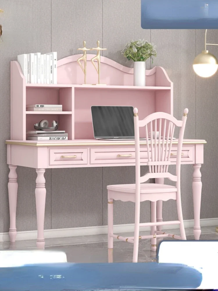 

Computer Desk Chair Combination Ins Pink Writing Desk Desk with Bookshelf Study Furniture Combination