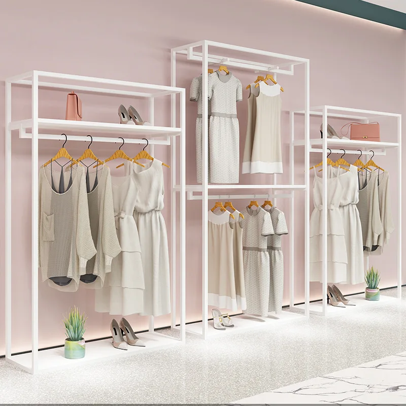 

Clothing store display rack White floor-to-ceiling combination high cabinet women's clothing store hanging double-layer