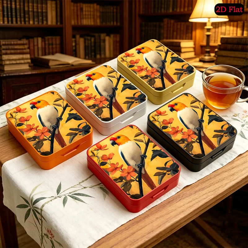 Sunset Parrot with Orange Blossoms Theme Portable Anti-rust Flip Top Tin Box, UV Printed Custom Pattern Metal Tin Box