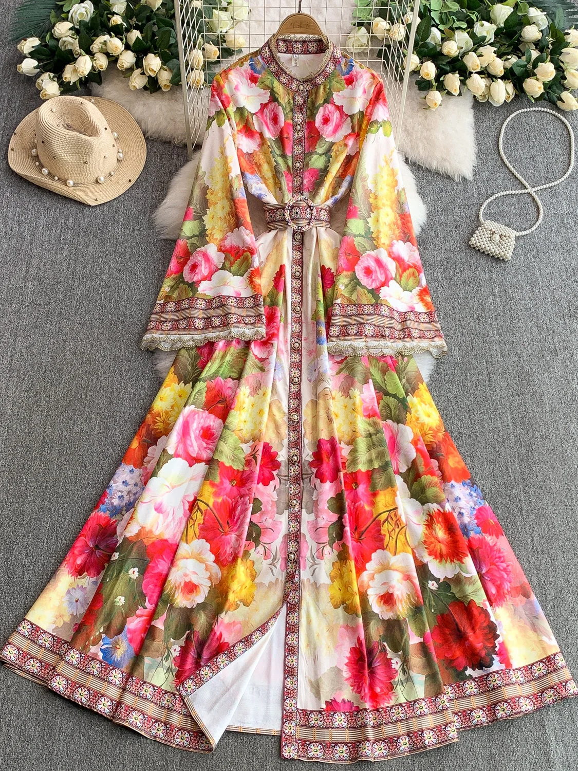 Vintage Retro Floral Maxi Kleid Hemd Frauen Herbst Laterne Langarm Perle Nationalen Graben Böhmischen Kleider Abend Vestidos