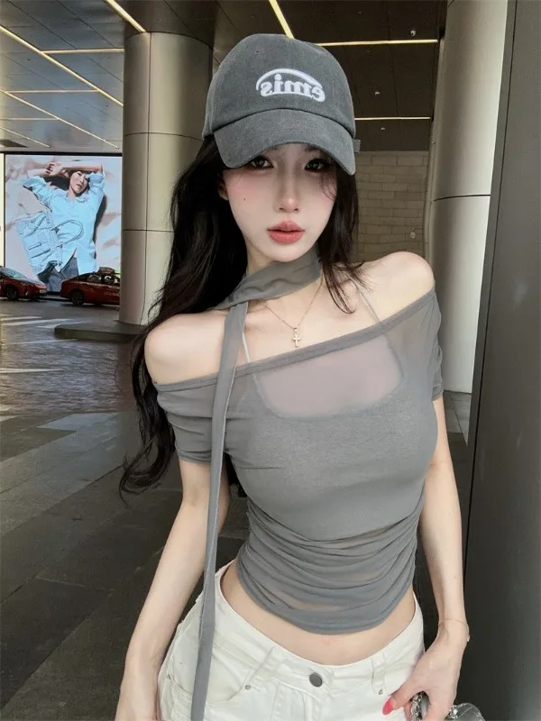 

Spicy Girl Mesh Splice Short Sleeve T-Shirt Summer Slimming Design Hanging Neck Strap Body Shape Short T-Shirt Women's Fashion