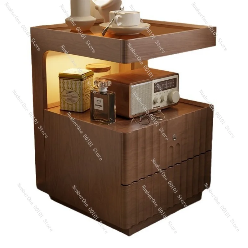 Vintage Solid Wood Smart Bedside Cabinet, Multi-functional Bedroom Storage Unit, Ultra-narrow Intelligent Nightstand Design
