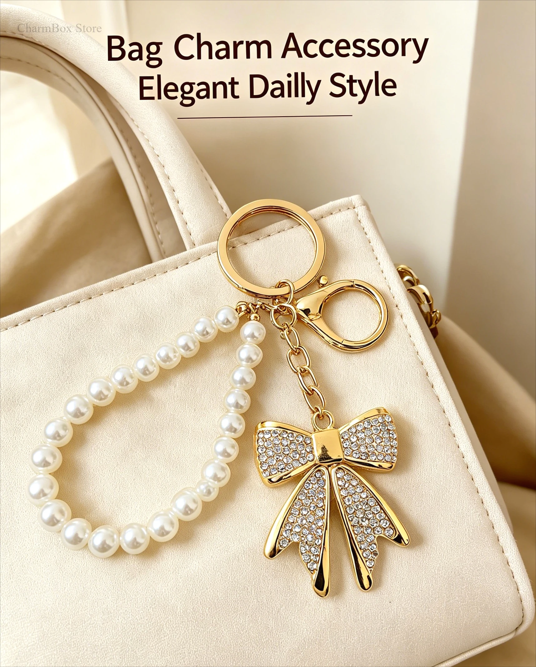 Cute Rhinestone Bow Pearl Bag Ornament Key Ring Pendant Keychain Accessories Keyring Charm Gift Sweet Jewelry Decor