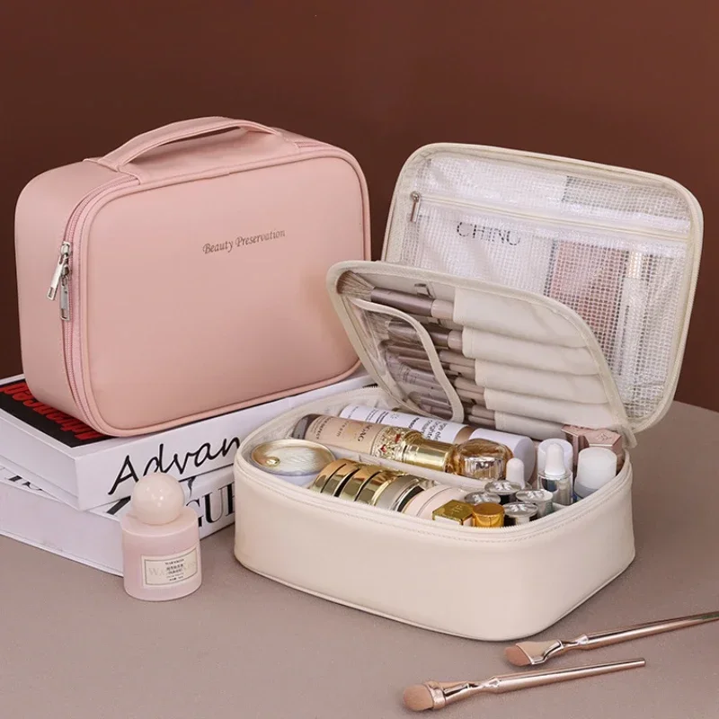 

New Women's Cosmetic Portable PU Cosmetic with Divider Storage Large Capacity Luxury Travel Organizer Essentials Toiletry Bags