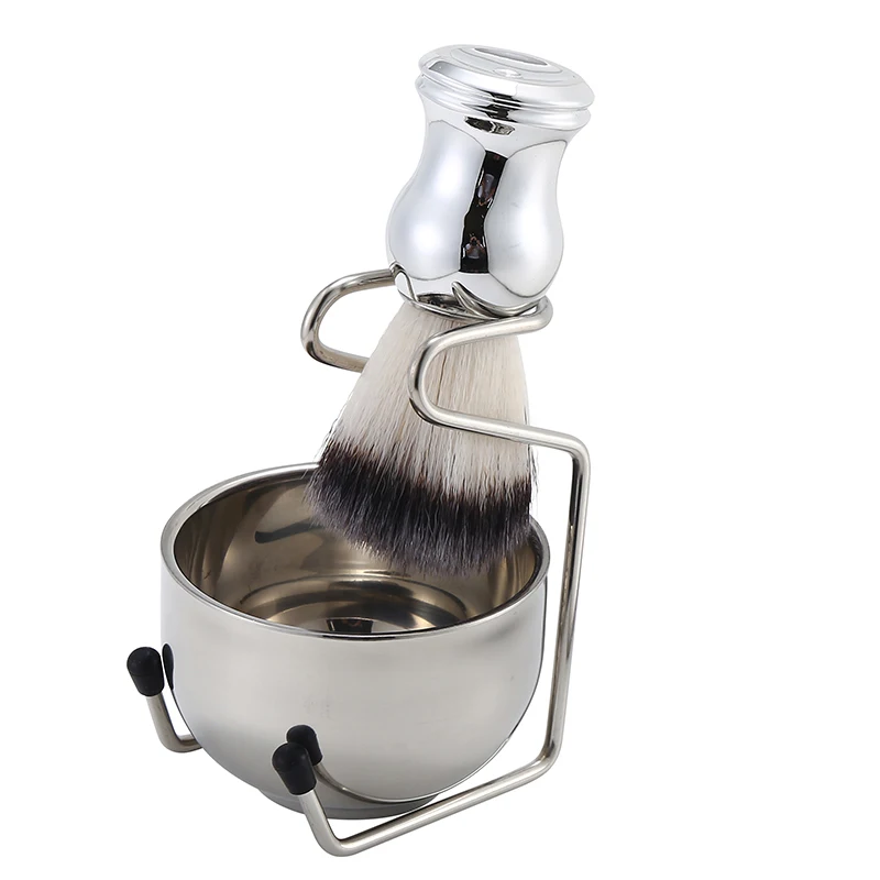 Men Wet Shaving Brush Bowl Set 3-IN-1 Brush Kit Silver ABS Handle With Stainless Steel Bowl Stand Home Shaving Accessories