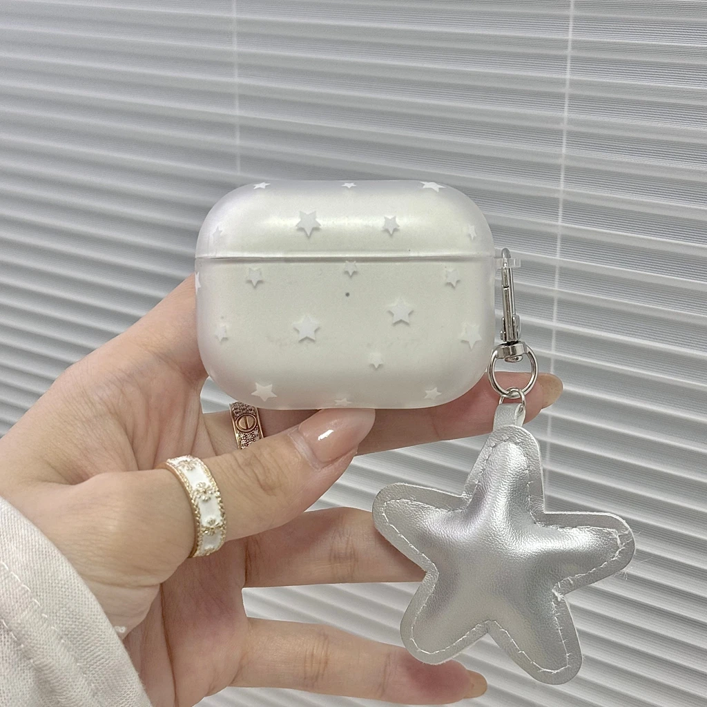 Fashion Semi-Transparent Matte With Silver Stars Pendant Shock Proof Earphone Cover Case for AirPods 1 or 2 3 4 5 Pro 2 Pro 3
