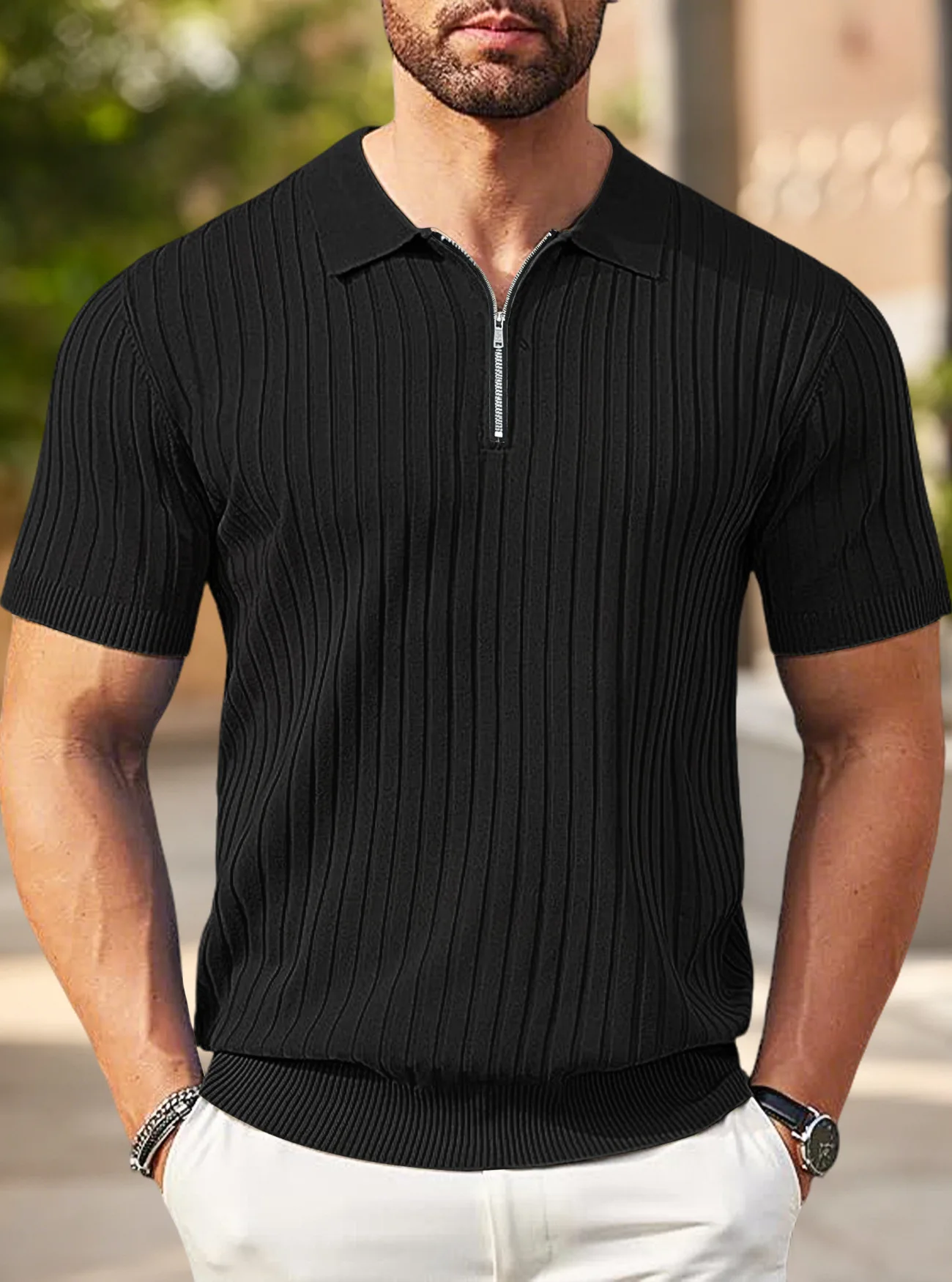 

New summer men's soft and breathable rib-knit half-zip front-neck short-sleeved slim-fit casual business casual daily wear