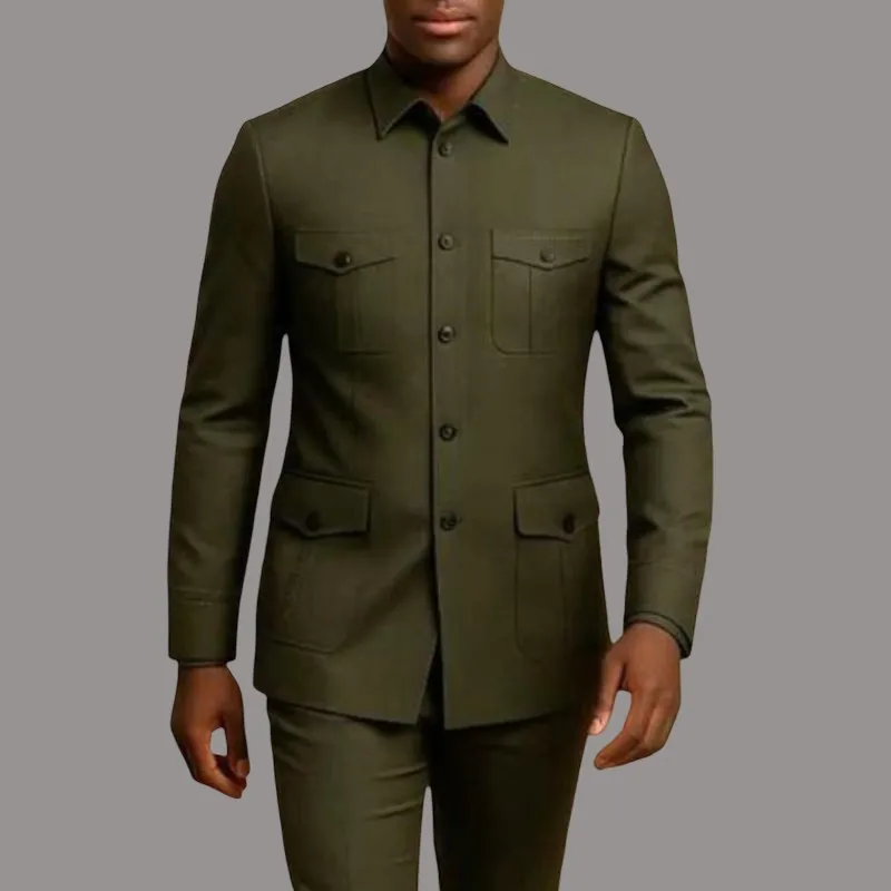 Safari Casual Men Suits with Pockets Stand Collor Chinese Fashion Style Slim Fit Wedding Suit Custom Made 2 Pieces Jacket Pants