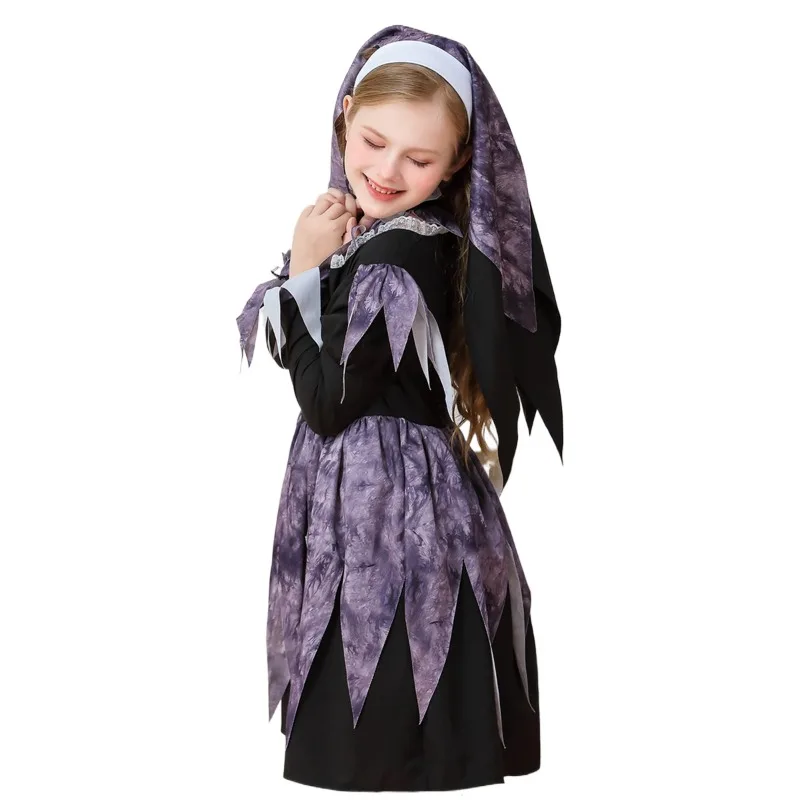 Halloween Cosplay Costume Sweet Cute Nun Girls Priest Cross Maria Dress Three-piece Set Carnival Theme Party Dress Up Outfits