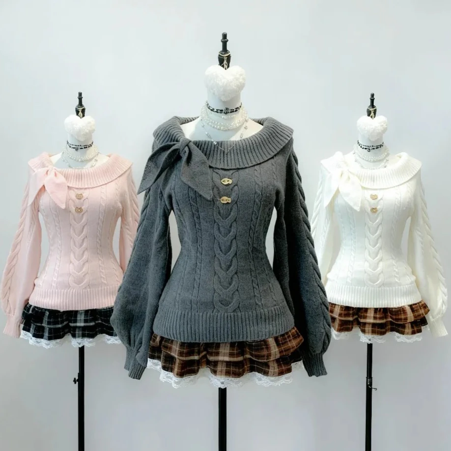 Kawaii Japanese Autumn Sweaters Casual Women Long Sleeve Slash Neck Knitted Jumpers Y2K Vintage Subculture Punk Girl Clothing