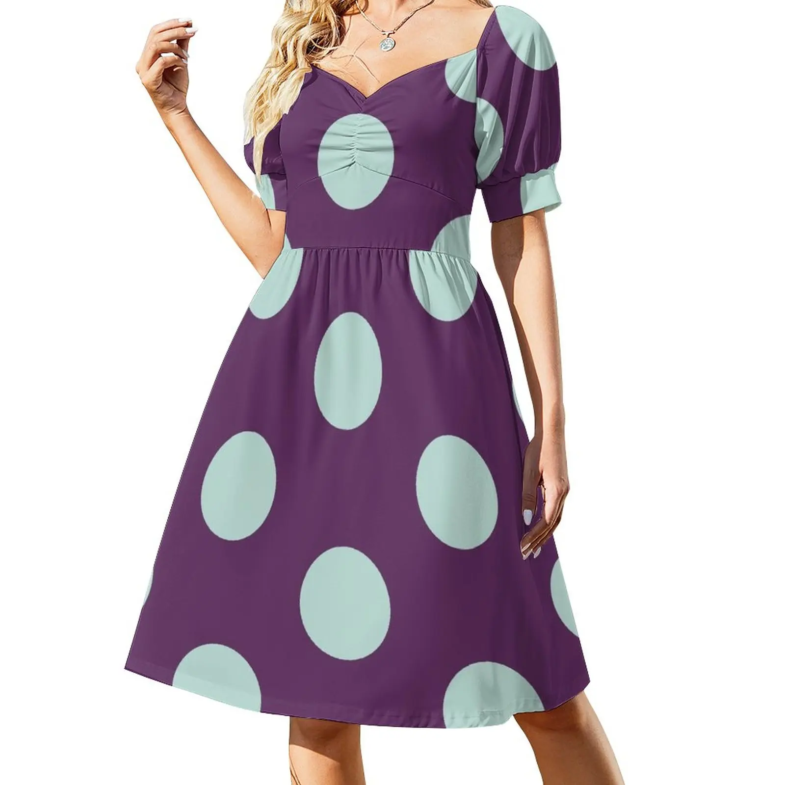 

Large MINT GREEN and AUBERGINE PURPLE POLKA DOTS Sleeveless Dress Dress woman womens dress