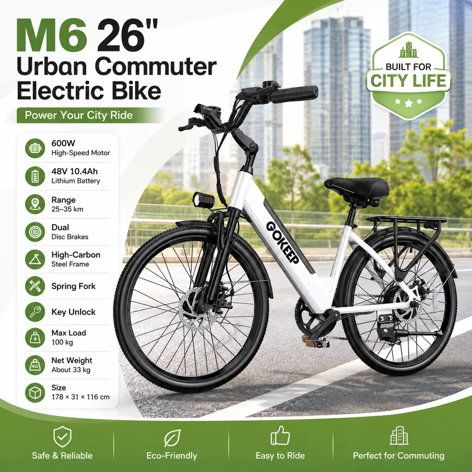 Adult City Commuter Electric Bike M6 26 Inch Wheels 600W Motor 48V 10.4Ah Battery Dual Disc Brakes Spring Fork 100KG Load image 7