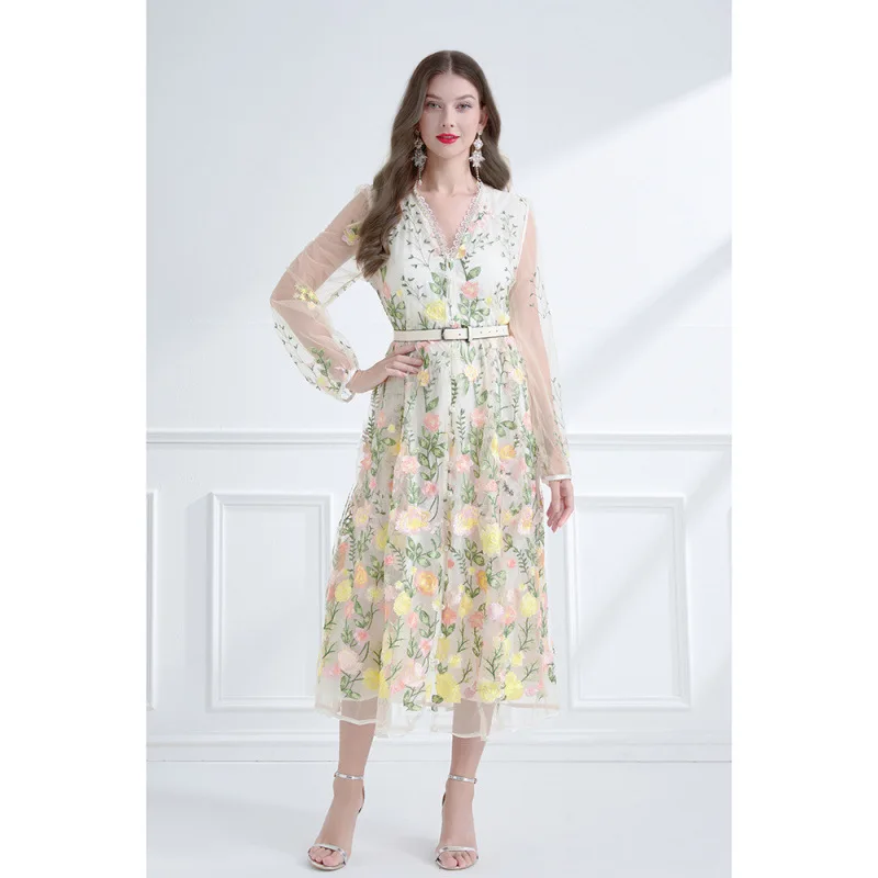 ナタリヤ ヘビー刺繍レースランタンスカート ウエストシェイプド ストリートスタイル ハイウエスト レッドクラウドシルク ロングスカート Vネック...