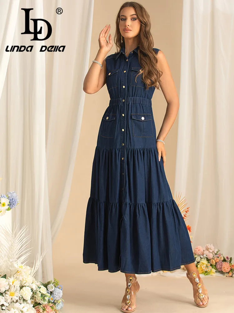 LD LINDA DELLA Autumn Women\'s Fashion Commuter Dress Turn-Down Collar Sleeveless Denim Single-Breasted Solid Color Dresses