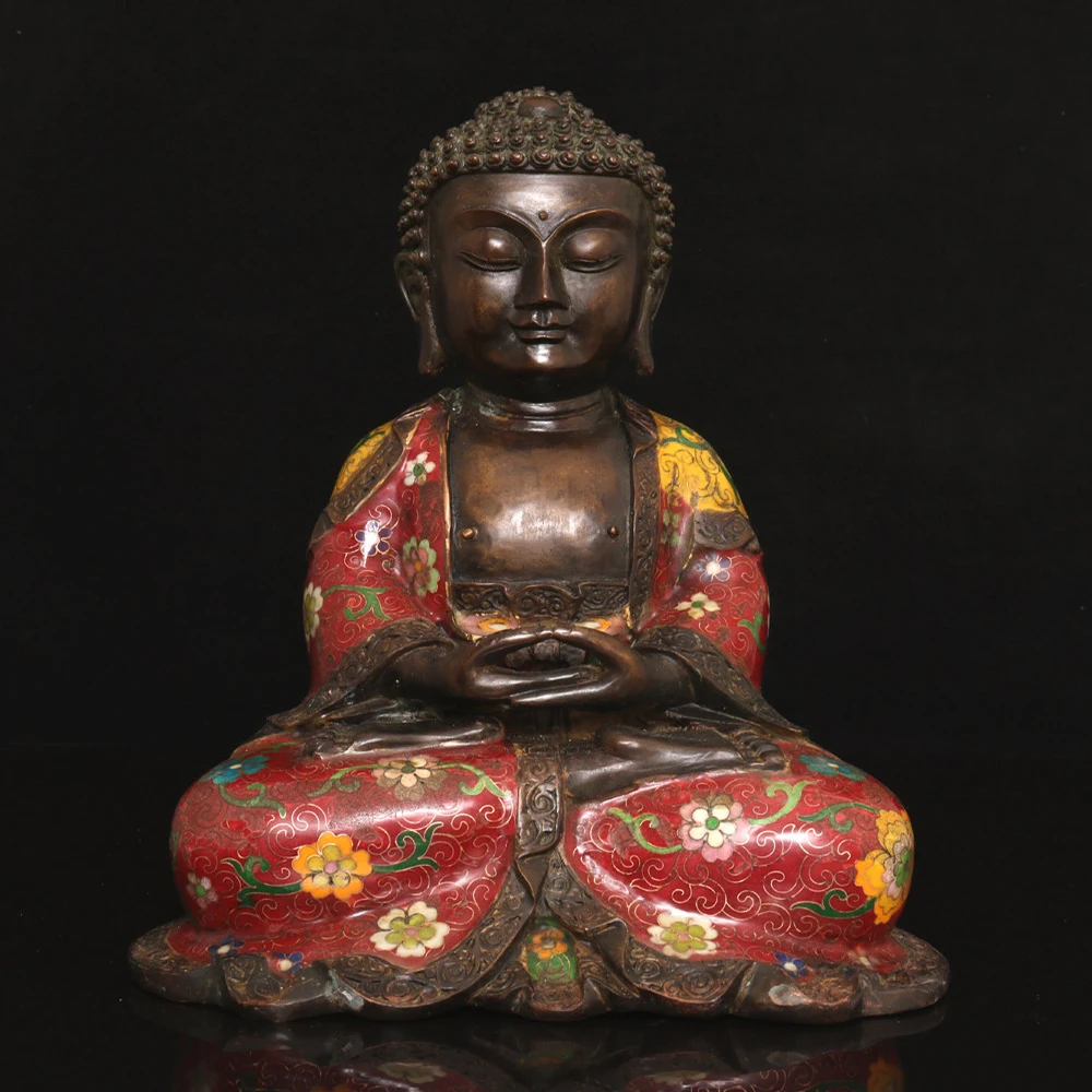 Vairocana Buddha Statue Cloisonne Enamel Copper Body Gold Wire Serene Face Heavy Patina Fine Craftsmanship Altar Decor