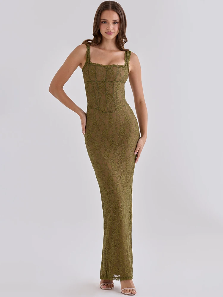 Blifanbo Lace Sexy Elegant Maxi Dress Women Backless Sleeveless Square Collar Bodycon Club Party Evening Long Dress Autumn New