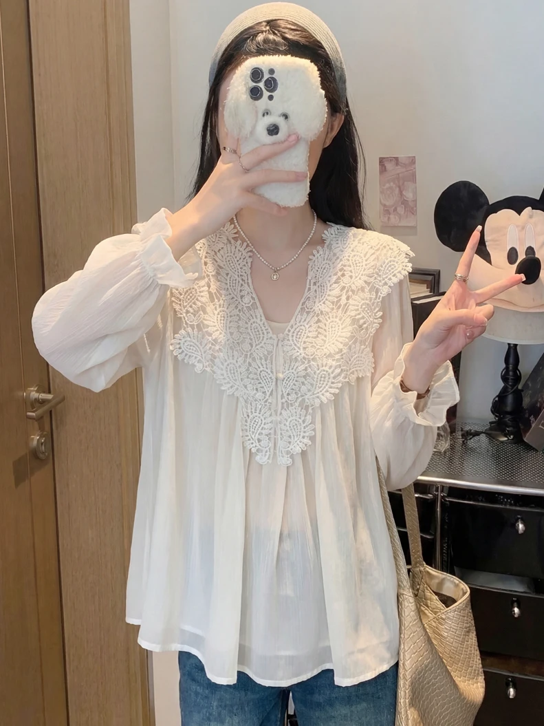 

Женская шифоновая блузка Kumikumi Gentle Wind Muted Beige с длинным рукавом, омолаживающая, элегантная, свободного кроя, универсальная, повседневная, весенняя