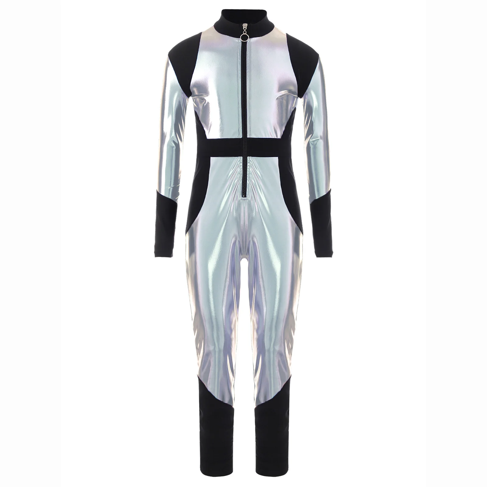 Girl's Silver Jumpsuit Kids Astronaut Alien Halloween Costume Carnival Metallic Robot Fancy Dress Galaxy Theme Party Outfit